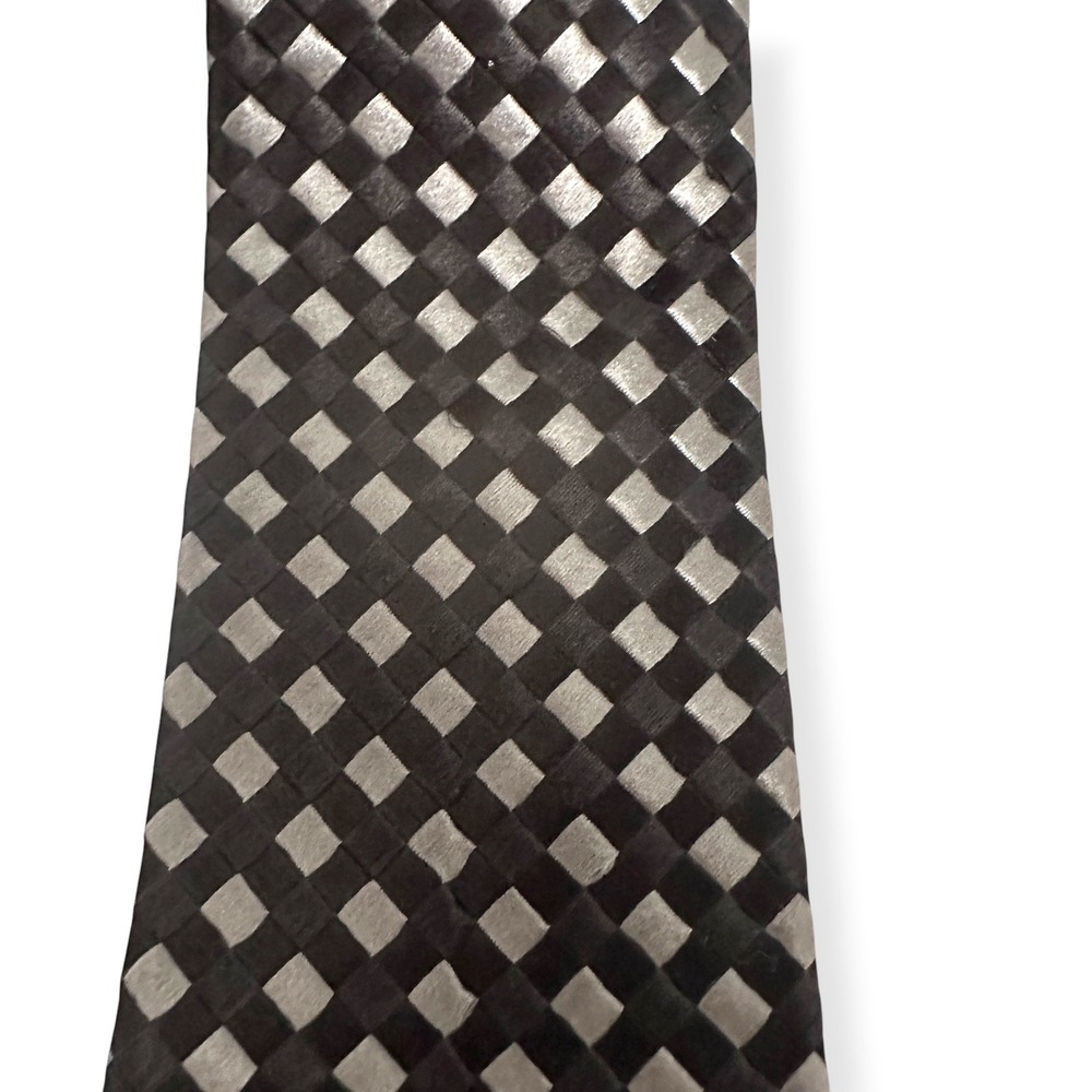 Yves Saint Laurent Rive Tie Silk Black Silver Checkered Textured Designer Men OS - Picture 3 of 7